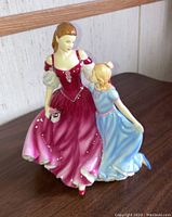 Front and side view of the Royal Doulton 'Enduring Love' porcelain figurine showing woman in pink dress and girl in blue dress