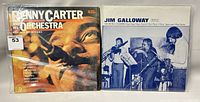 Front covers of Benny Carter and His Orchestra and Jim Galloway vinyl album records showing artwork and artist information