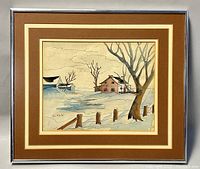 Full view of the framed watercolor painting showing the winter rural scene, signature, and matting.