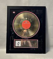 Full view of framed gold album record plaque displaying the gold disc, Canadian flag, and commemorative plaque.