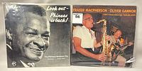 The Phineas Newborn Trio album cover in black and white showing Phineas Newborn's face, and the Fraser Macpherson & Oliver Gannon album cover showing musicians playing saxophone and guitar.