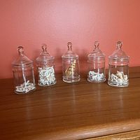 Set of five clear glass apothecary jars with lids, each filled with different types of white and beige sea shells, displayed side by side on a wooden surface against a peach colored wall.