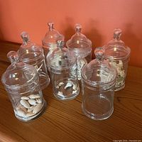 Set of seven glass apothecary jars arranged on a wooden surface against a peach wall, each jar approximately 21cm tall with glass lids having knob handles. Some jars filled with sea shells.