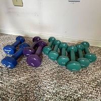 Ten hand weights arranged on carpet with visible color and weight labels.