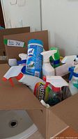 Photo showing an open box filled with various spray bottles and cleaning containers including Lysol wipes and Fantastik cleaner.