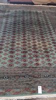 Full view of green area rug showing overall medallion pattern and borders