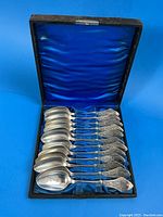 Set of twelve spoons displayed in fitted silk and leather box interior, view from above