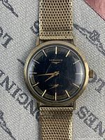 Front view of watch showing black dial, gold-tone hands and indices, integrated mesh bracelet