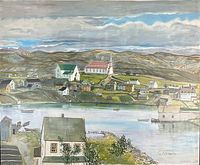 Full view of the oil painting showing the village, river, hills and sky