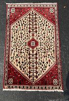 Full view of rectangular rug laid flat showing overall design and condition