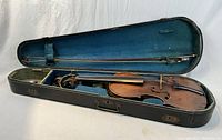 Open case showing violin and bow secured inside