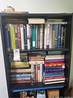 Books on a black bookshelf. Top shelf has religious and self-help books mostly hardcover, arranged vertically and stacked horizontally on top.
