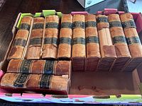 Photo showing eleven volumes of H.H. Bancroft's works with worn brown leather bindings and black spine labels.