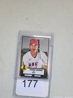 Front side of Shohei Ohtani Topps Platinum Anniversary baseball card in plastic protector showing player image and card number 192.