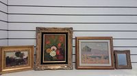 Three gilt framed original acrylic paintings displayed together, showing floral and landscape themes