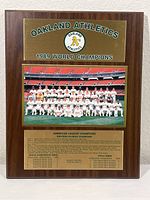 Full view of entire wooden plaque with mounted photo and brass plates showing title and stats.
