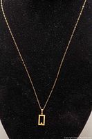 Full-length view of gold chain and pendant displayed on black bust