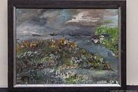 Framed oil painting showing a landscape with water, boats, and foliage under a cloudy sky.