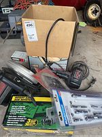 Photo shows the Viper rotary saw in box along with the 7 1/4 inch circular saw, corded drill, saw blades in package, and wobble extensions.