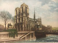 Close-up view of the color etching depicting Notre-Dame de Paris cathedral, showing architectural details and sky.