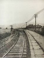 Close-up photo of the etching showing railroad tracks, sidewalk, telegraph poles, and distant house in detailed black and white.