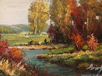 Close-up of the oil painting showing the landscape with autumn trees, river, and artist signature.