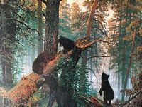 Close-up image of lithography print showing three black bears in forest scene with detailed trees and sunlight.