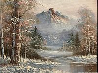 Close-up of the oil painting showing the winter landscape with snow-covered trees, distant mountain, and river or pond.