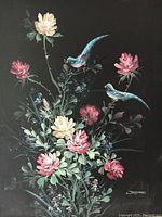 Close-up view of the oil painting depicting pink and white flowers with two blue birds on branches, signed by Jeffares.