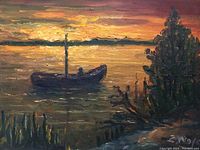 Close-up photo of the oil painting showing the boat, sunset sky, tree silhouette, and artist signature.