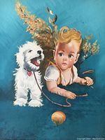 Close-up of original oil painting showing child and dog with blue background and floral elements.