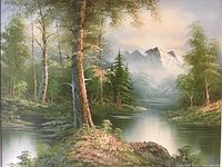 Close-up of the landscape oil painting showing detailed painted birch and pine trees, water reflection, rocky foreground, mountains and sky. Artist's signature visible.