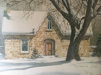Close-up view of the lithograph showing the stone house and surrounding winter scene with snow, signed lower right.
