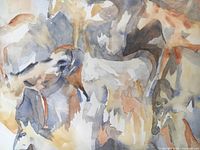 Close view of abstract watercolor painting showing brush stroke details and blended colors in beige, brown, gray, and blue tones.