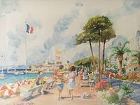 Close-up of the watercolor painting showing detail of the seaside promenade scene with people, boats, and flags.