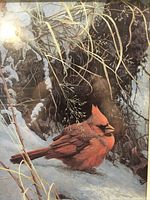 Close-up of lithograph showing the red cardinal bird sitting on snow with dry grass and branches in the background.