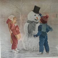 Close-up photo of the lithograph showing the winter scene with children and snowman.