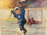 Close-up of the lithograph showing two young hockey players on ice, including a child in blue celebrating and a goalie in maroon.