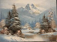 Close-up image of oil painting showing snowy mountain scene with trees and cabin