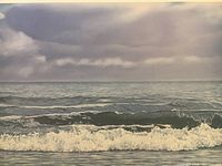 Close-up of lithograph showing seascape scene with waves and cloudy sky, highlighting detailed waves and cloud texture.