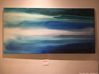 Full view of large mounted abstract acrylic and oil painting on canvas, showing horizontal bands of blue, green, and pink shades, no frame, ready to hang.