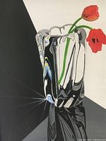 Close-up photo of the painting showing the reflective glass vase and tulips, including the artist's signature.