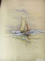 Close-up of the sailboat painting showing watercolor and acrylic details and artist signature.