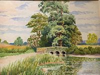 Full view of watercolor painting showing landscape with stone bridge, trees, and water, signed H. B. Dickens.