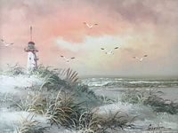 Close-up of oil painting on canvas showing lighthouse, seagulls, grassy dunes, and artist signature 'Gordon'