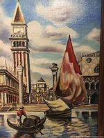Close-up of the oil painting showing gondola, sailboat, and buildings with textured brushwork and rich colors.