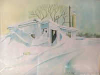 Close-up of watercolor painting showing snowy house with bare trees, signed and dated '85 at bottom right corner.
