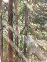 Close-up of watercolor painting showing detail of forest scene with tree trunks and foliage with light filtering through branches.