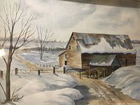 Close-up of the snow-covered barn and surrounding winter landscape showing detail in brushwork and muted color palette
