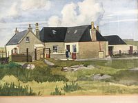 Close-up showing detailed watercolor of house, landscape, and artist's signature.